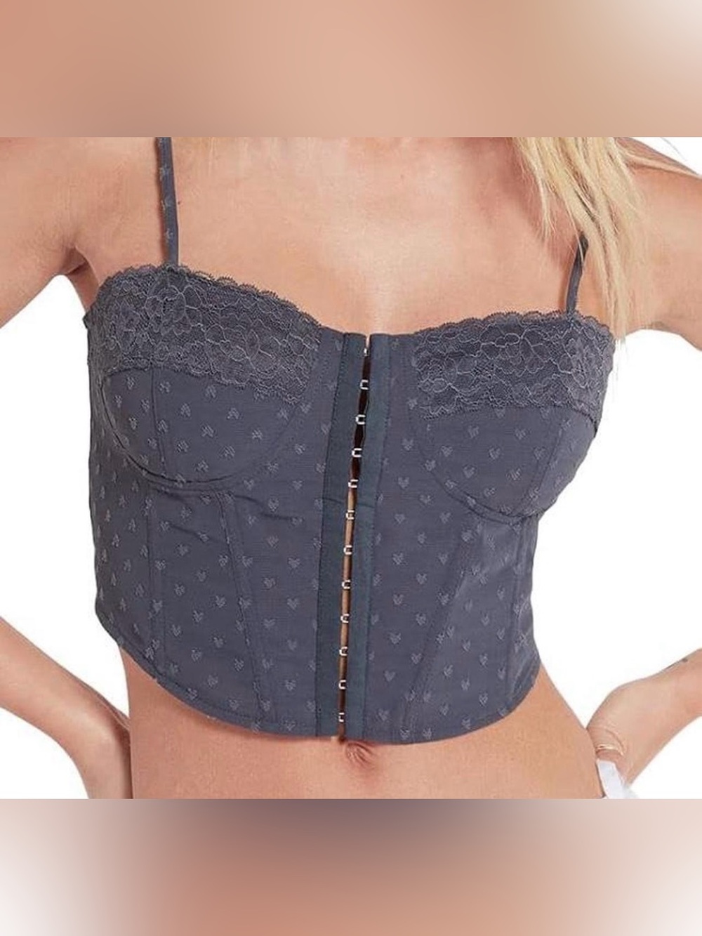 La Hearts Pacsun Dark blue Lace Heart-Print Bustier Corset Cropped Top Medium
